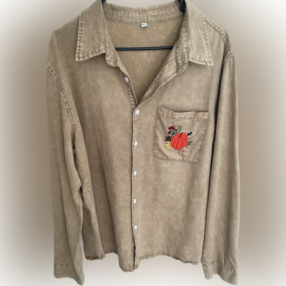 Hand Stitched Pumpkin Button Down Long Sleeve